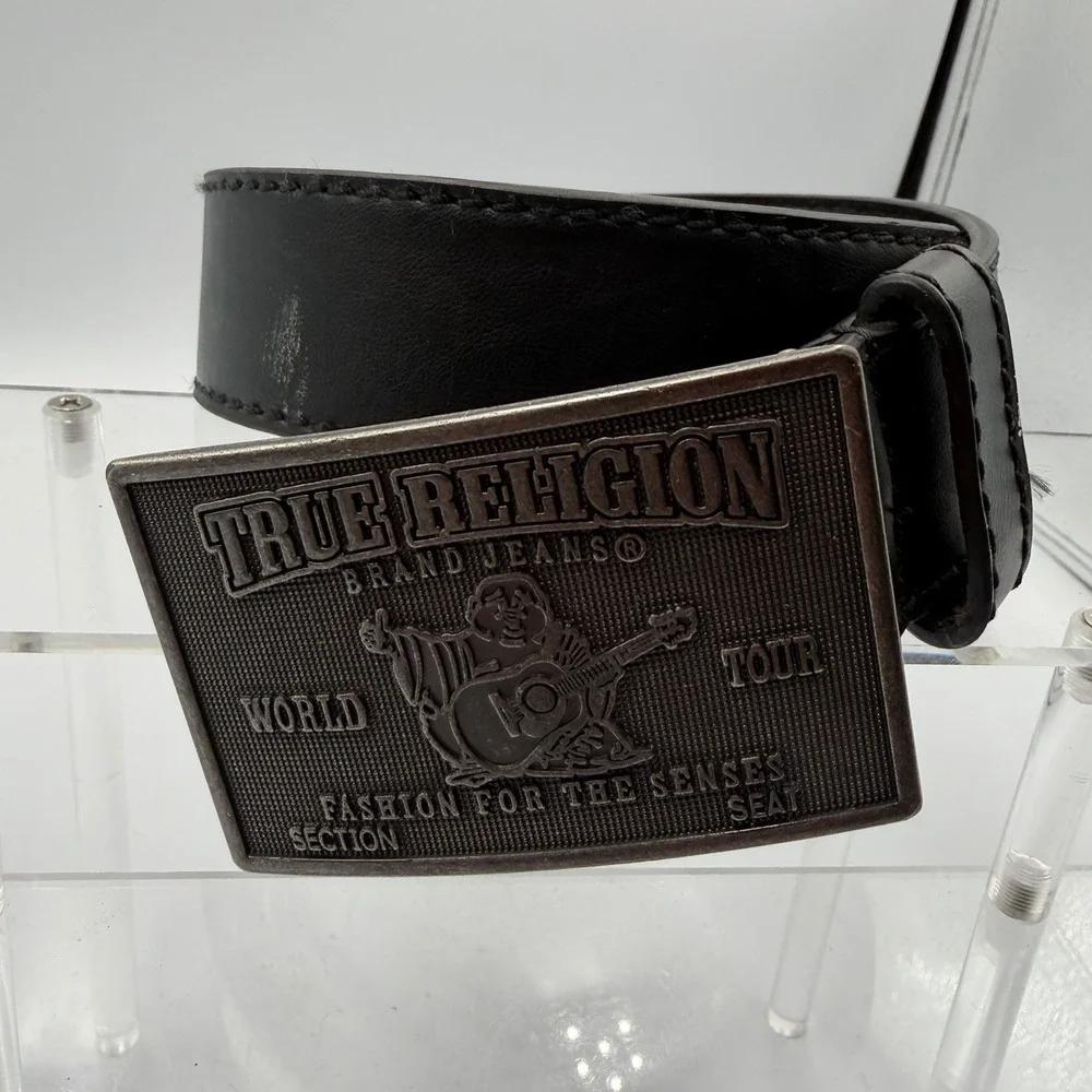 True Religion World Tour Big T Stitching Black Belt Sz 36 100% Leather‎ - Read